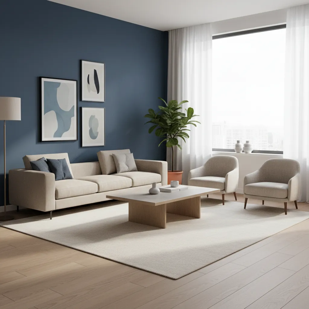 living room with deep colored accent wall behind sofa