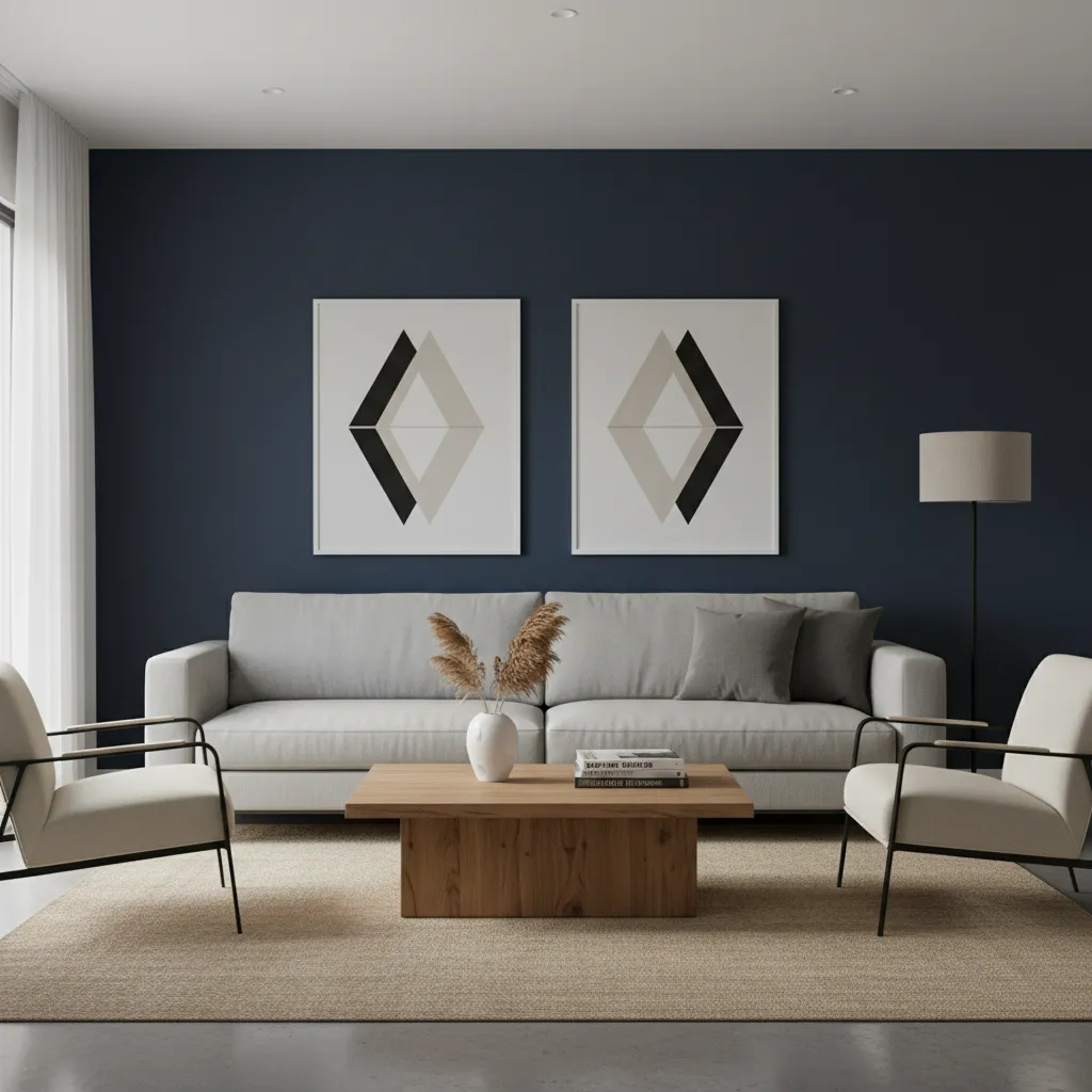 Living room with deep colored accent wall behind sofa
