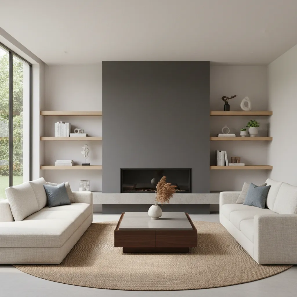 Living room accent wall highlighting fireplace and seating area