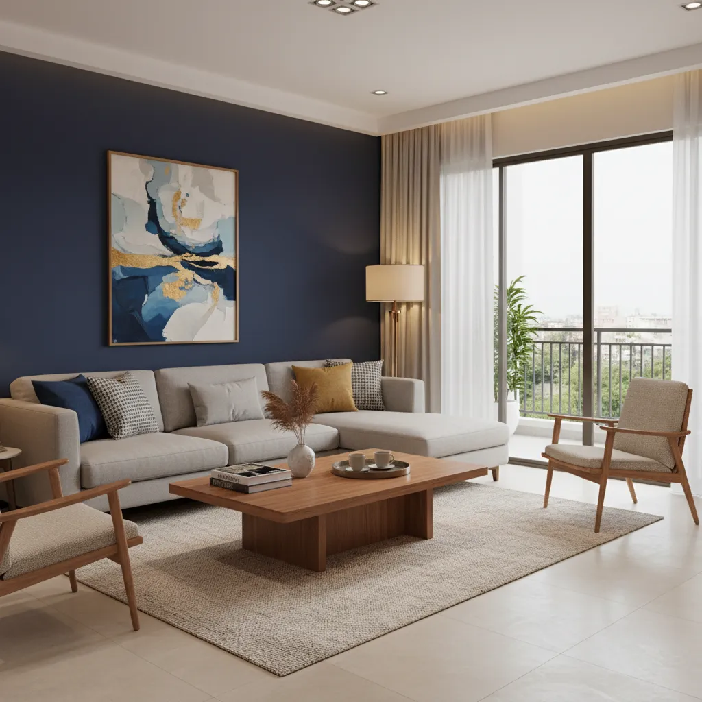 living room with navy blue accent wall behind sofa in modern Indian apartment