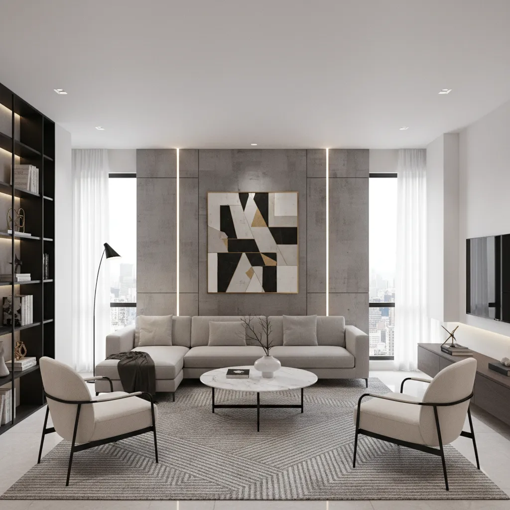 Drawing room layout showing accent wall behind sofa with neutral color scheme