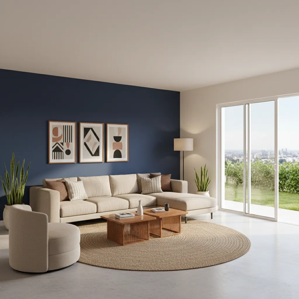 Living room in Nigeria with navy blue accent wall and neutral furniture