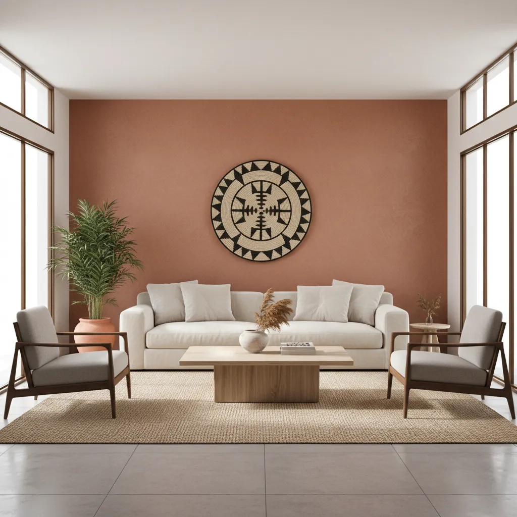 Living room with terracotta accent wall and neutral furniture
