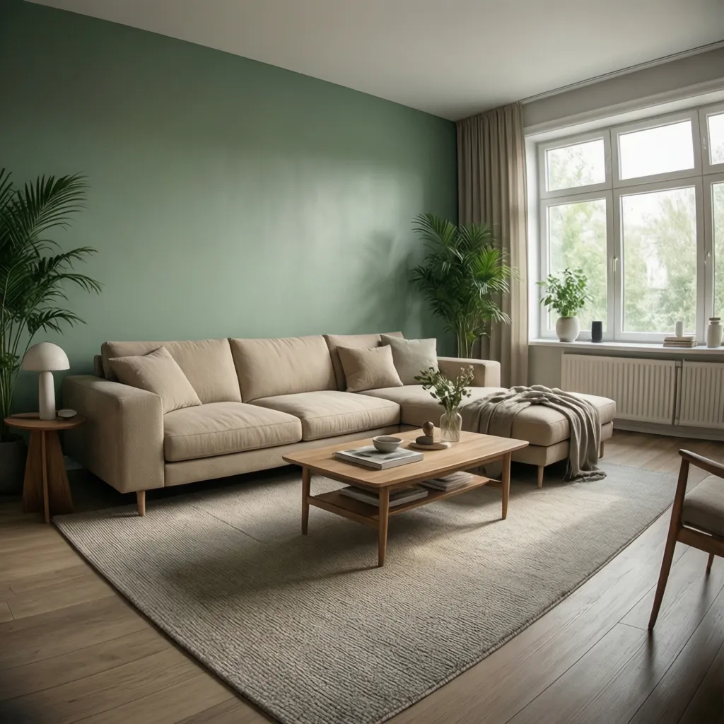 Living room with soft green accent wall behind sofa
