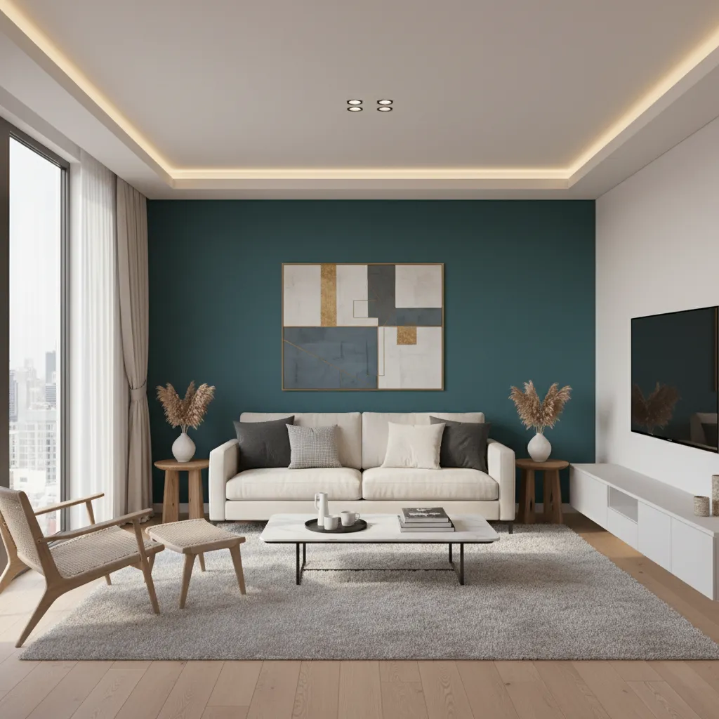 Living room with bold painted accent wall behind sofa