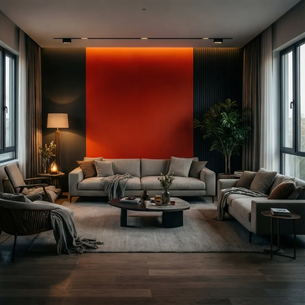 living room with deep color accent wall behind sofa