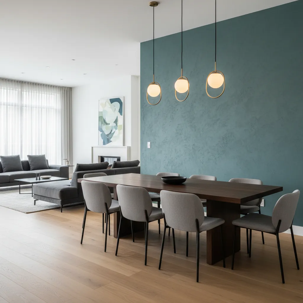 Dining accent wall within an open concept living dining layout
