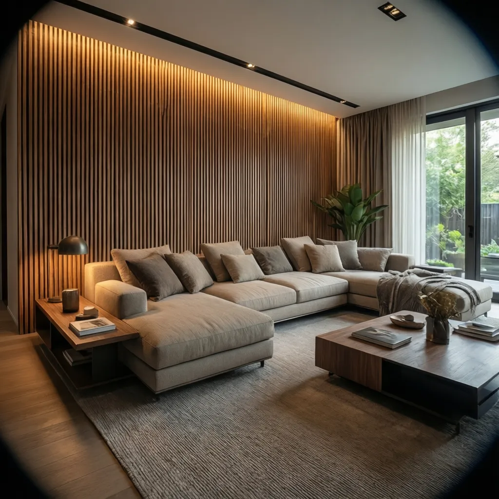 Living room with large sofa sitting in front of wooden wall panel with warm lighting