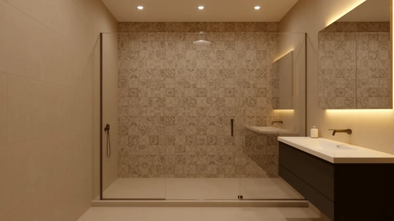 Modern bathroom with patterned accent tile wall inside shower