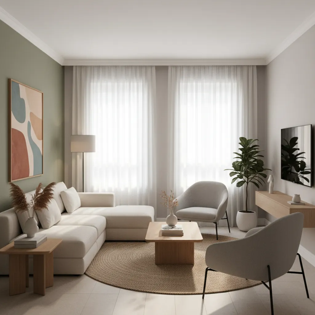 Small living room with muted accent wall behind sofa