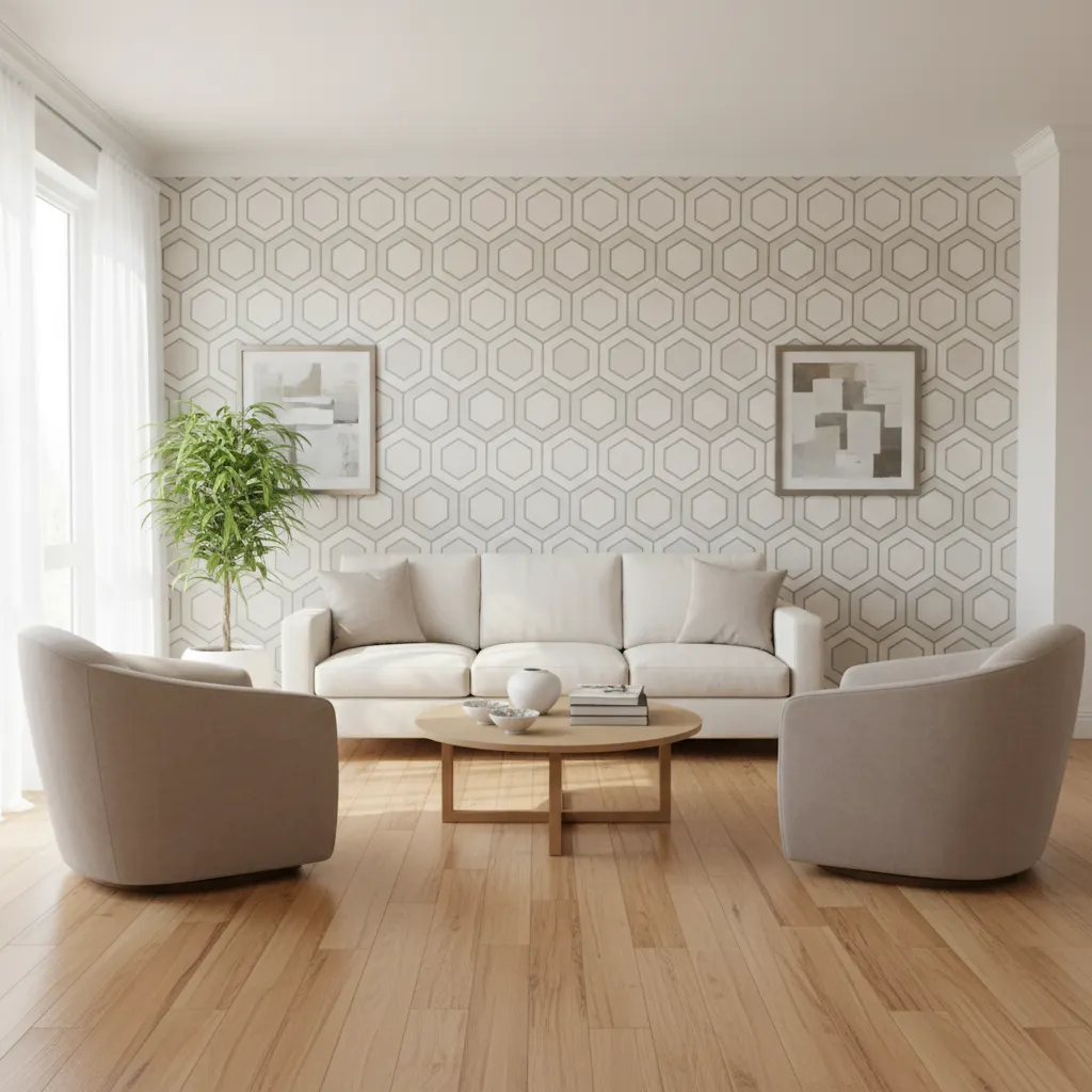 Salón con una pared acento decorada con papel pintado
