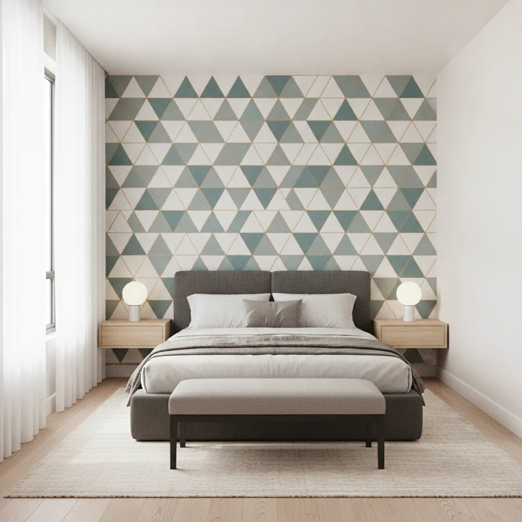small bedroom layout showing wallpaper on one feature wall
