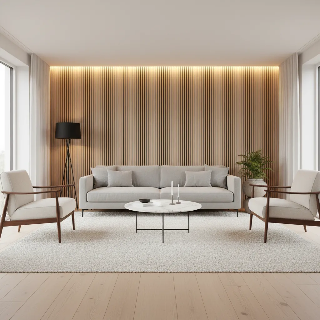 Modern living room with grey sofa white chairs marble table and vertical wood wall panel