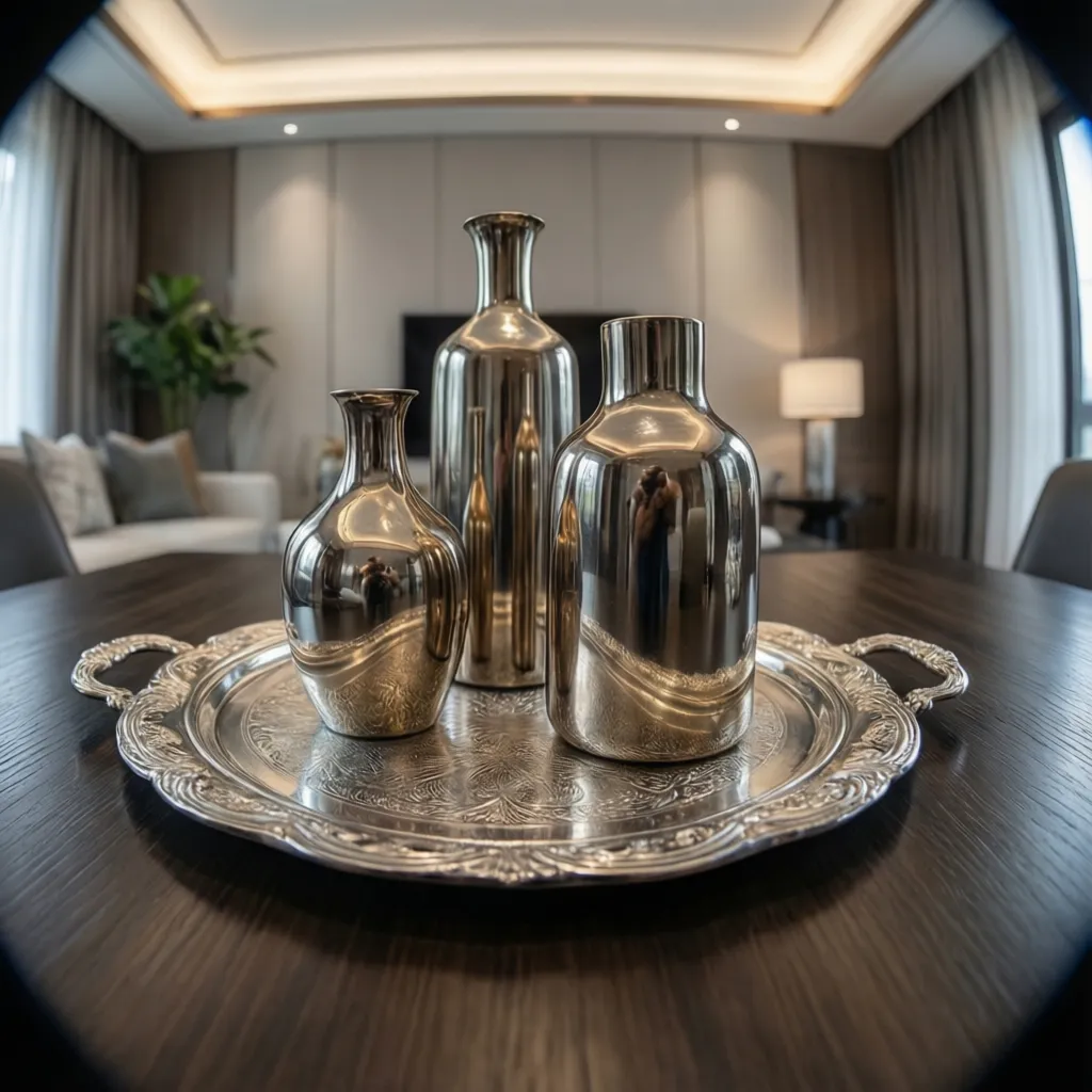 Mesa decorativa con bandeja y jarrones plateados