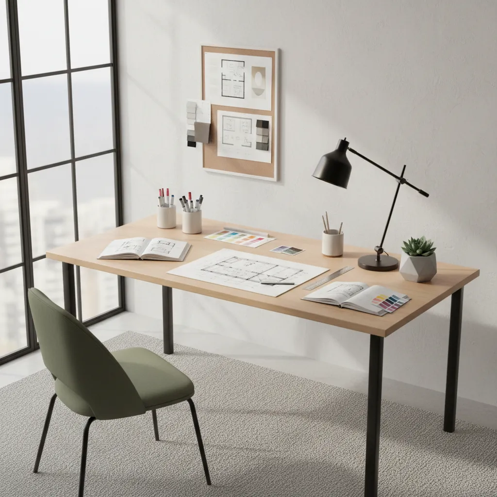 Accesorios de escritorio organizados en un estudio de diseño de interiores