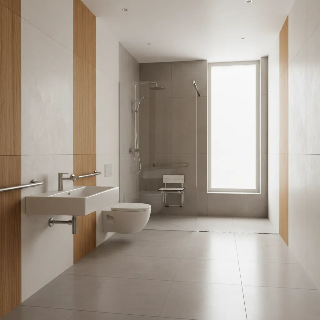 Modern wheelchair friendly bathroom after accessibility renovation