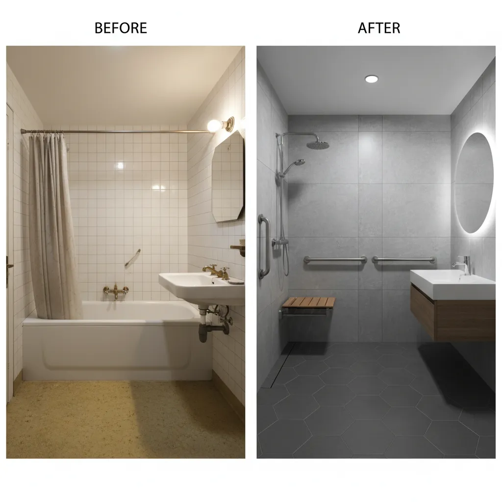 Comparison of unsafe bathroom and upgraded accessible bathroom for seniors