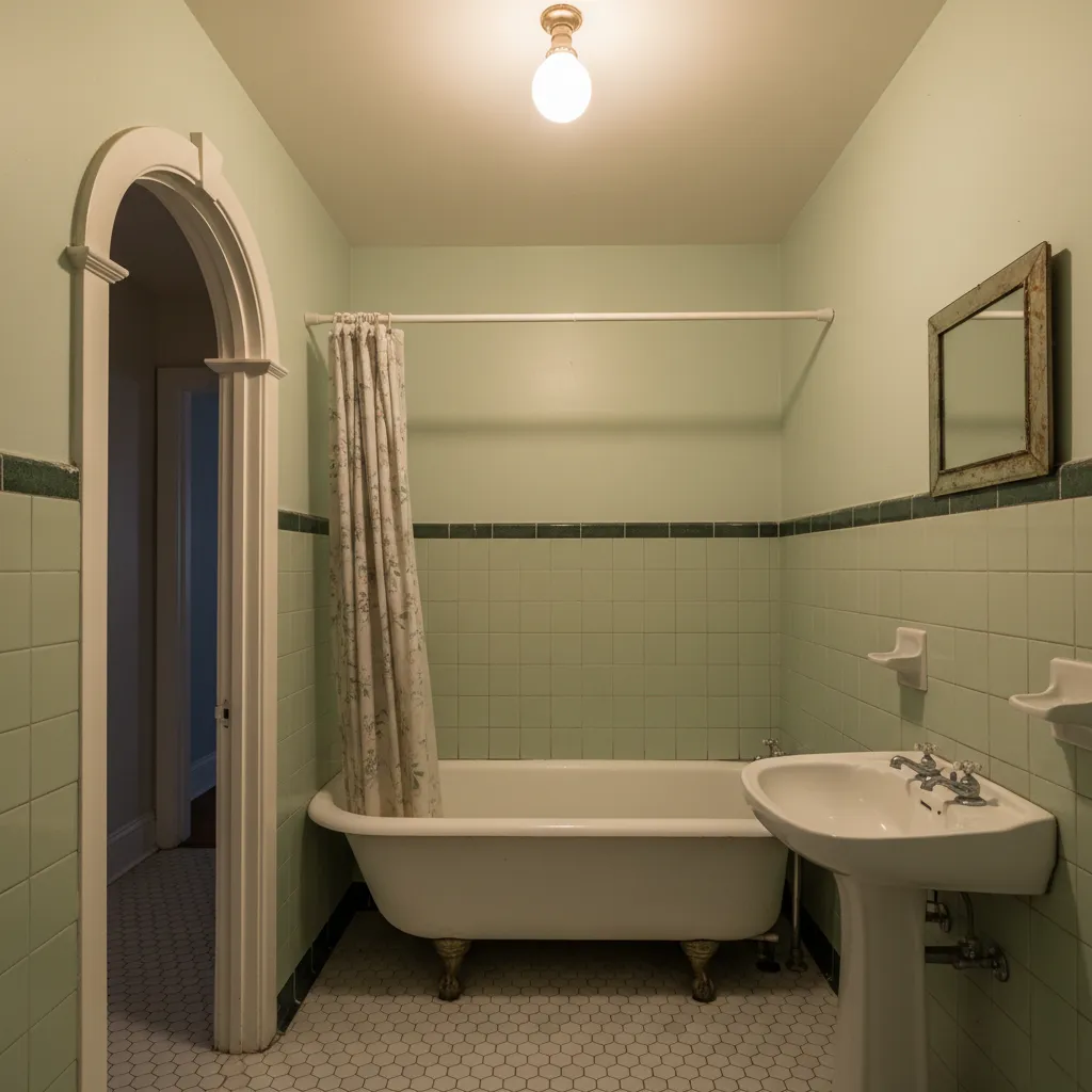 Small outdated bathroom showing barriers that limit wheelchair accessibility