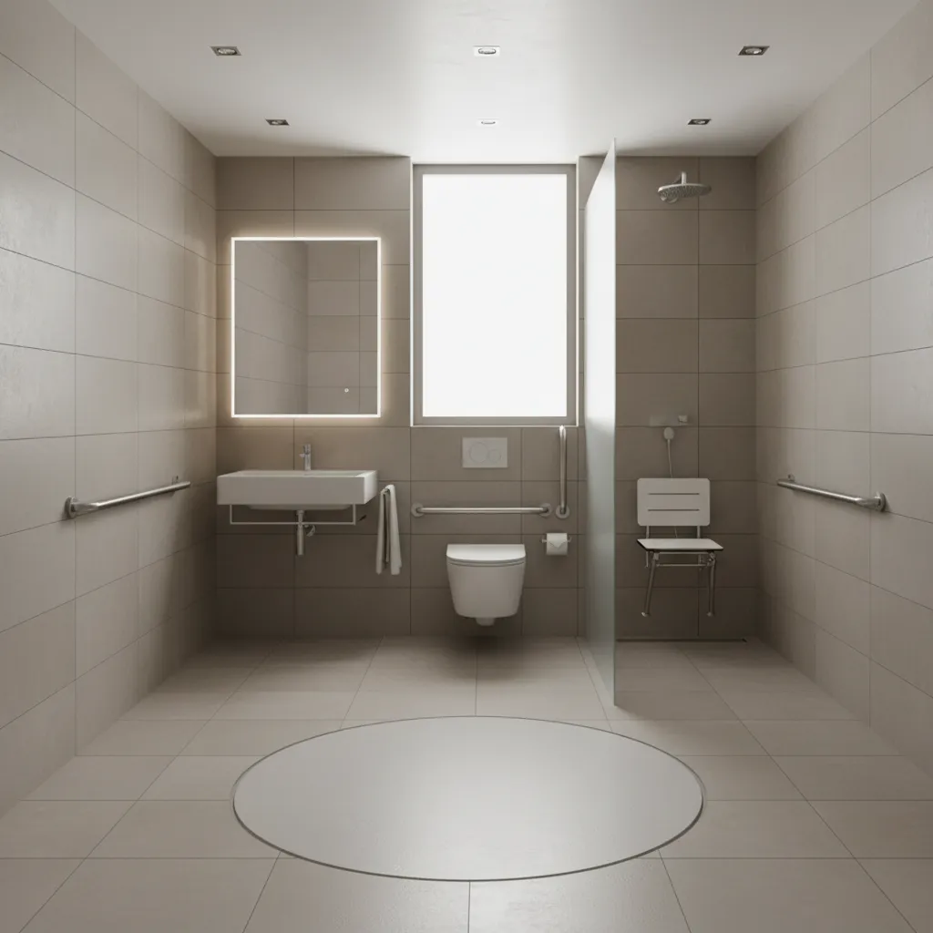 wheelchair accessible bathroom with clear turning radius floor space