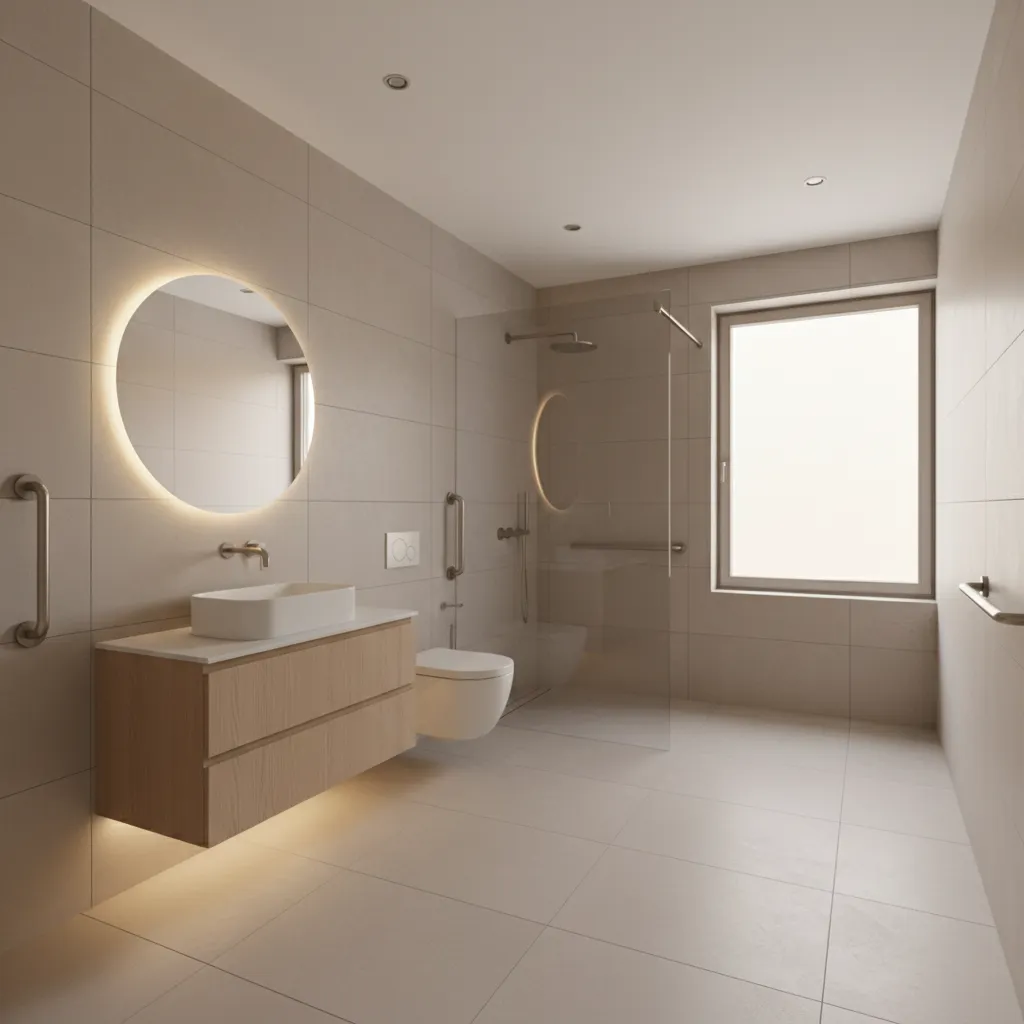 Baño accesible con ducha a ras de suelo y diseño moderno