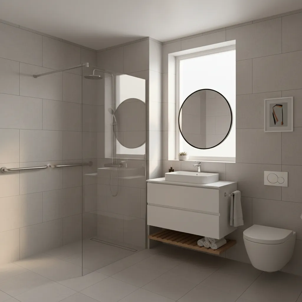 finished accessible bathroom with walk in shower and safety bars