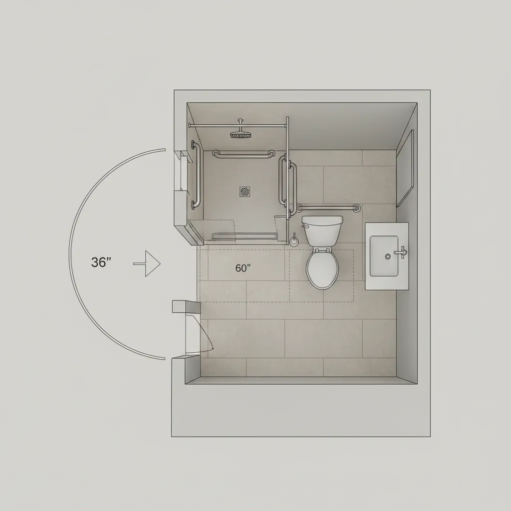 Simple floor plan showing accessible bathroom layout for seniors