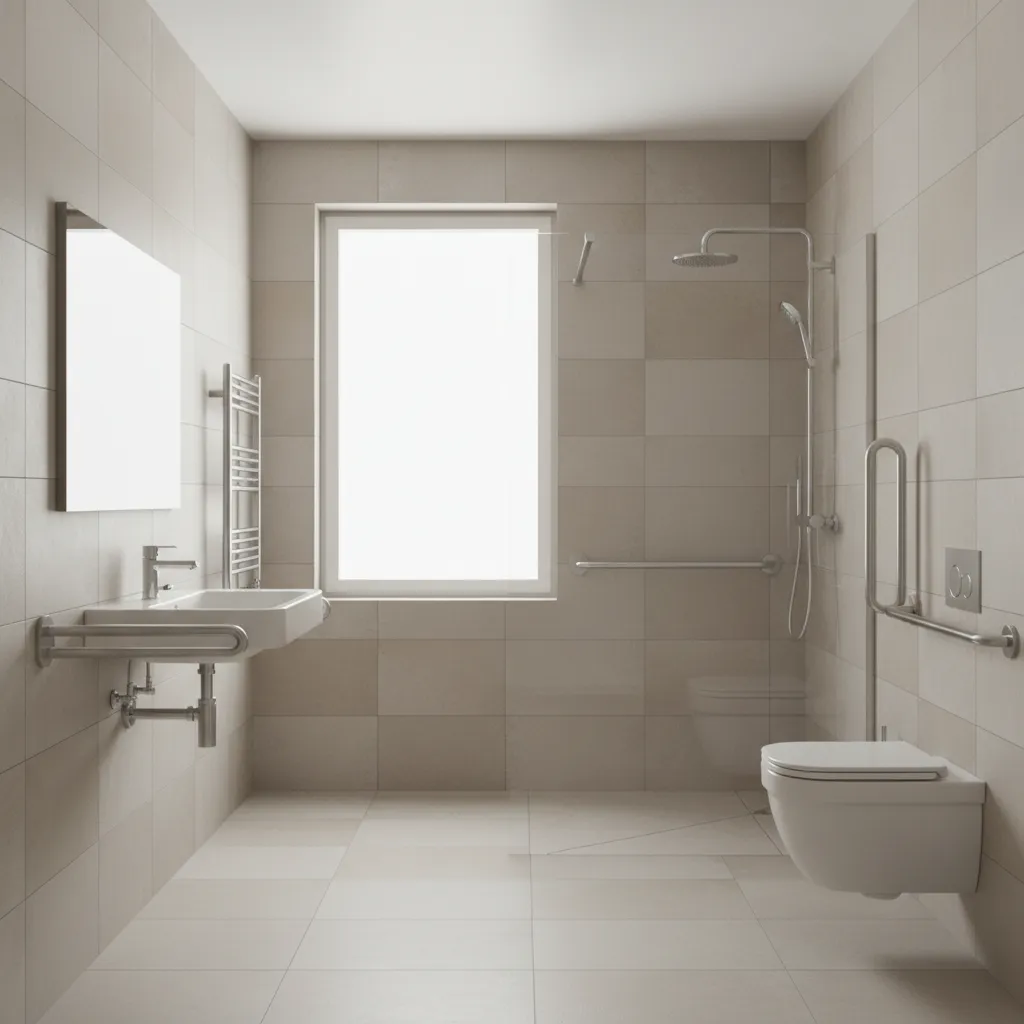 Accessible bathroom with roll in shower grab bars and open wheelchair turning space