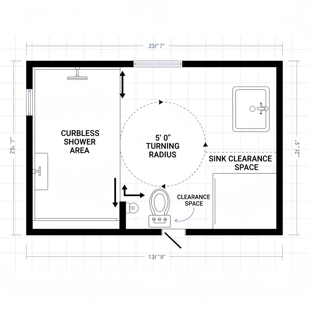 wheelchair friendly bathroom floor plan with turning radius and accessible fixtures