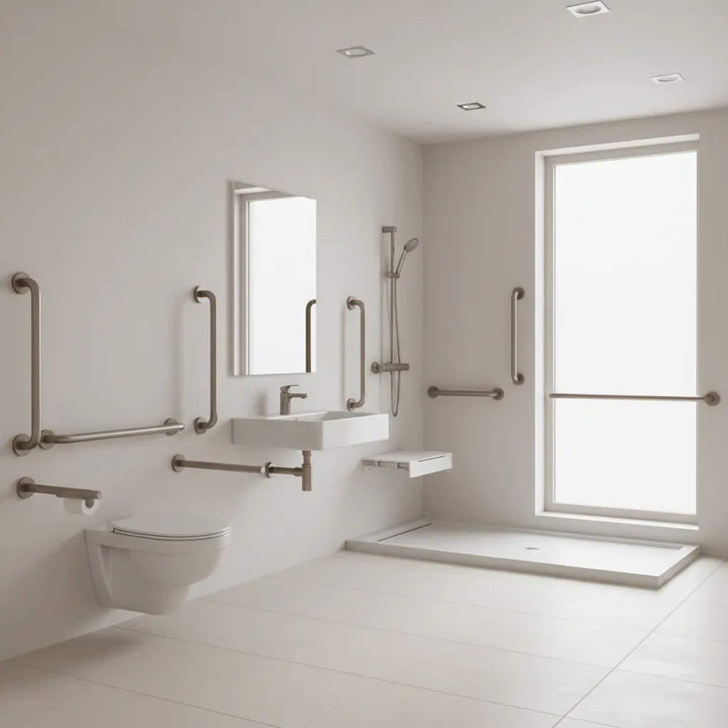 Bathroom safety layout with grab bars and accessible fixtures