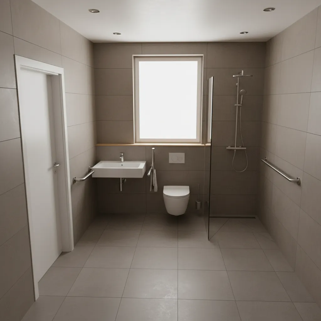 Accessible bathroom layout showing clear walking space and safety features