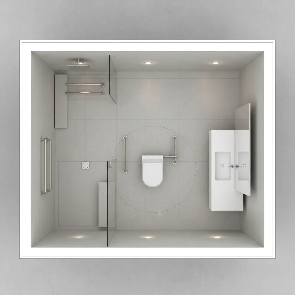 accessible bathroom layout plan with grab bars and walk in shower zones