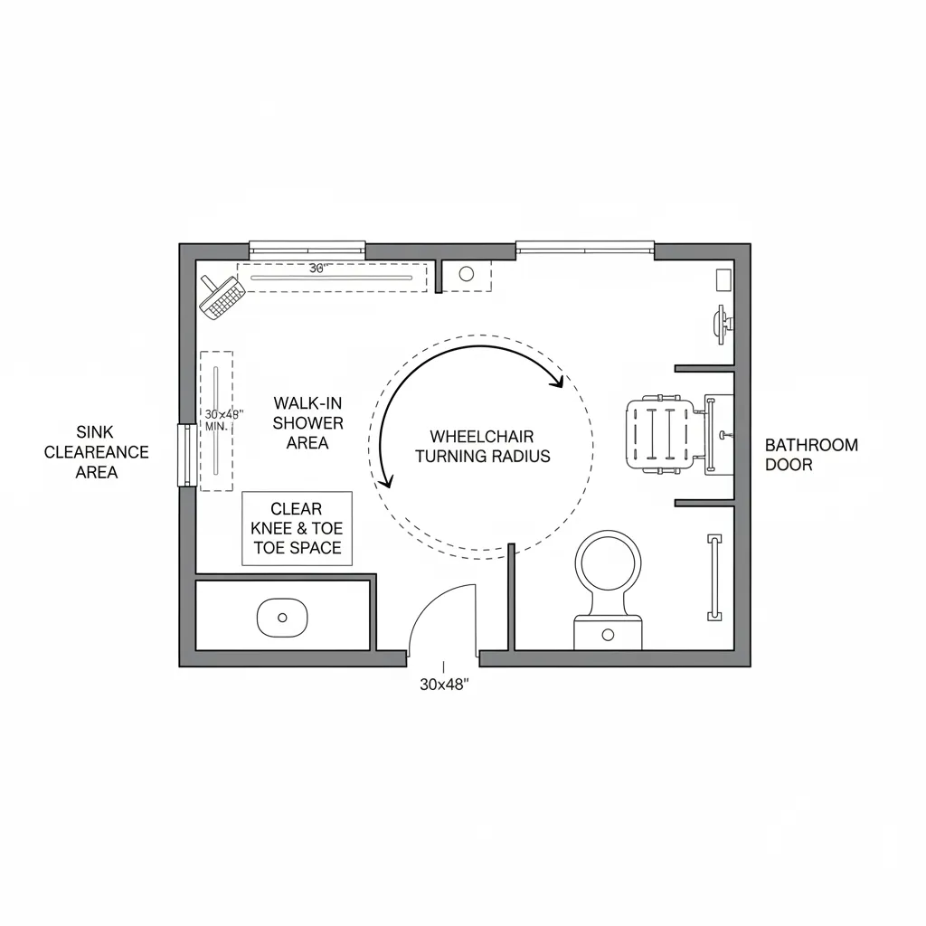 Accessible bathroom floor plan showing wheelchair turning radius and grab bar placement