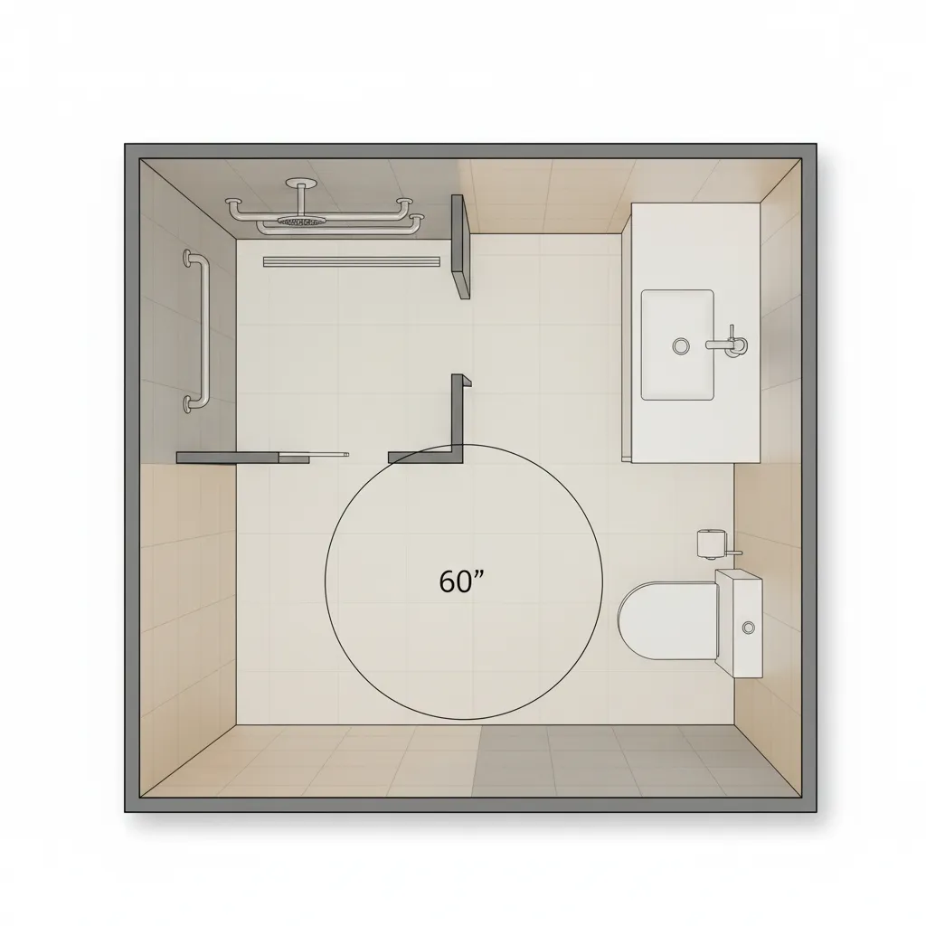 Accessible bathroom floor plan layout showing walk-in shower and wheelchair turning space