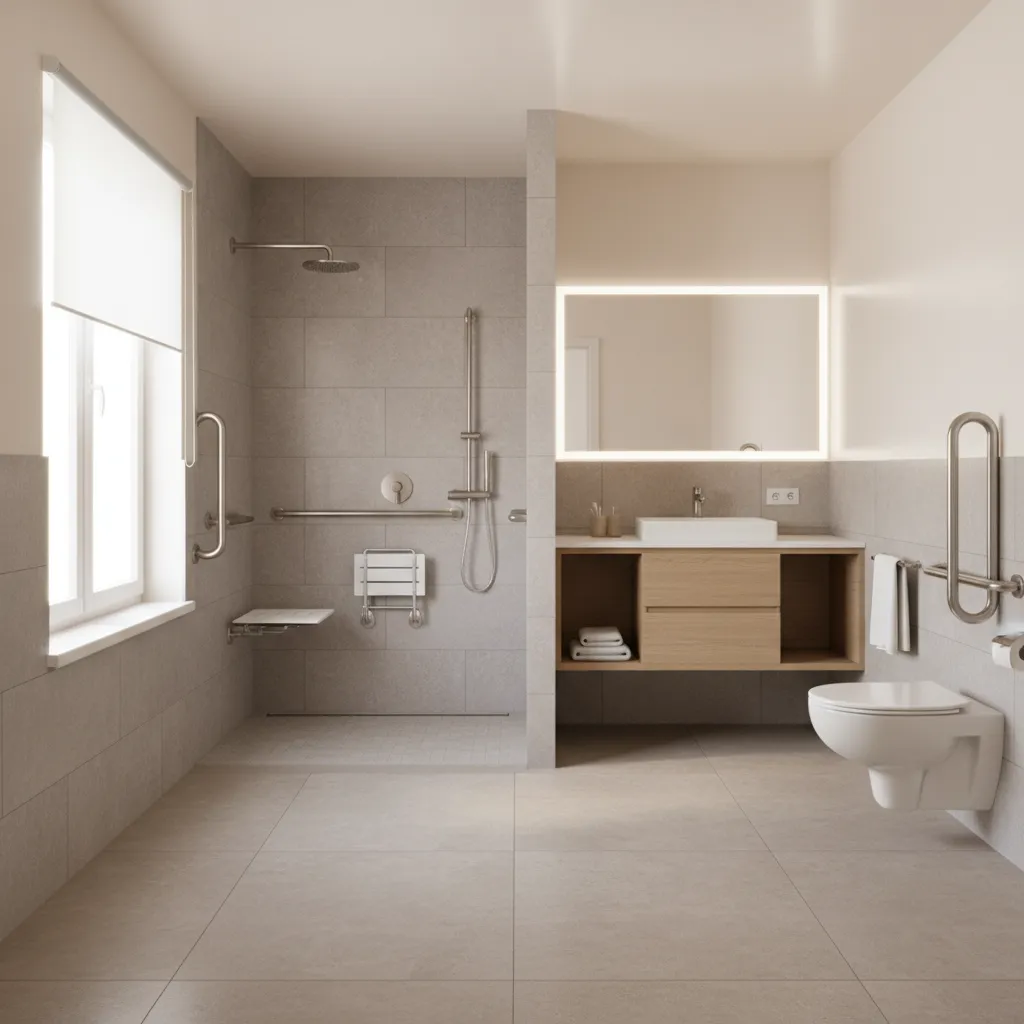 Completed senior-friendly bathroom with walk-in shower and safety features