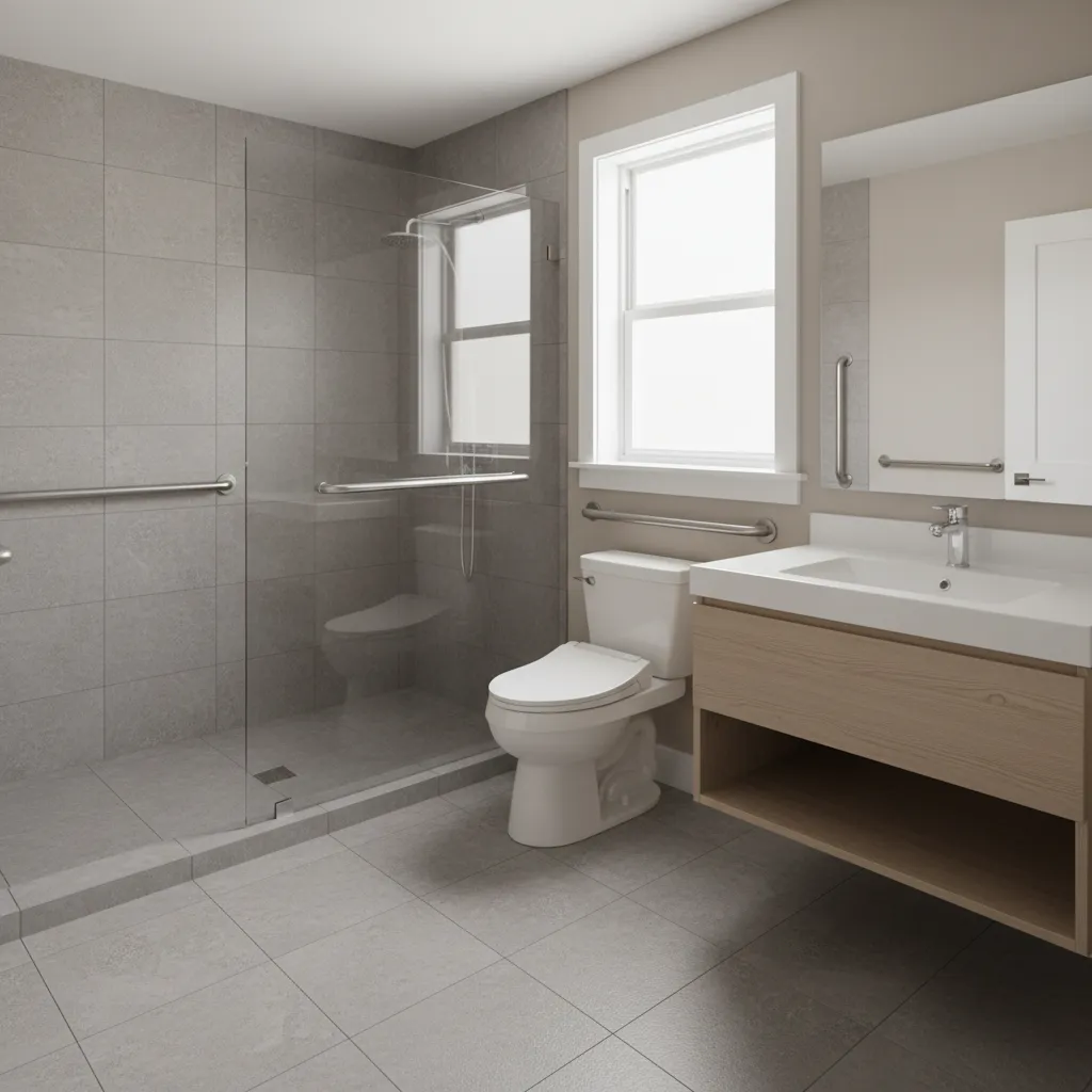 accessible bathroom with walk in shower grab bars and non slip flooring