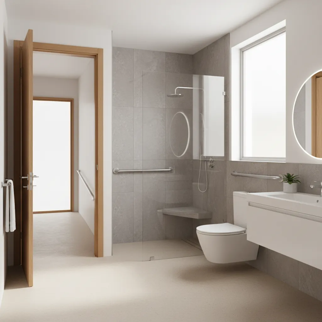 accessible bathroom with walk in shower grab bars and modern layout