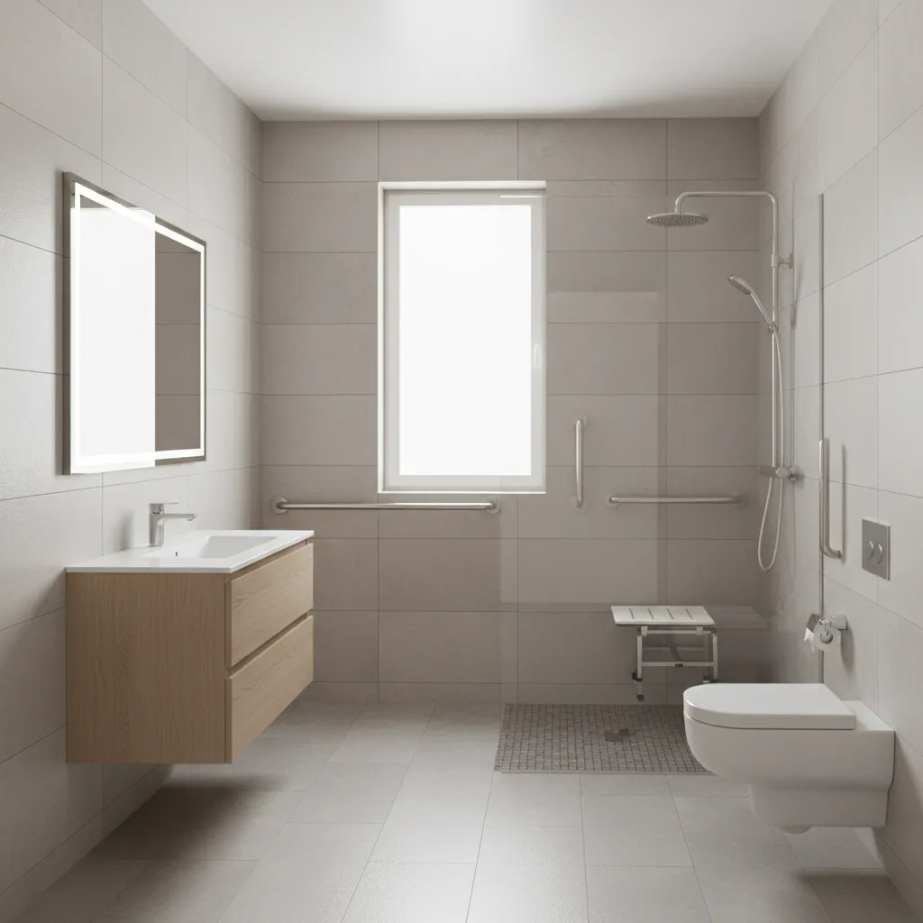 Accessible bathroom design with walk-in shower grab bars and non-slip flooring