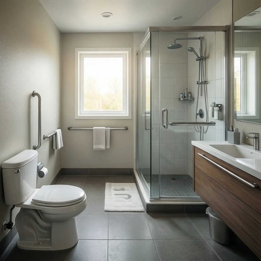 modern bathroom with grab bars non-slip floor and walk-in shower for accessibility