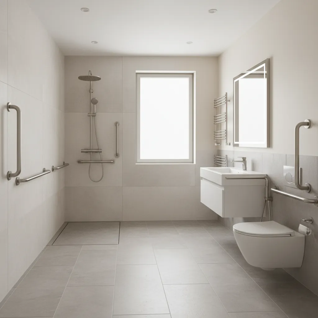 Accessible bathroom with walk-in shower and grab bars designed for safety upgrades