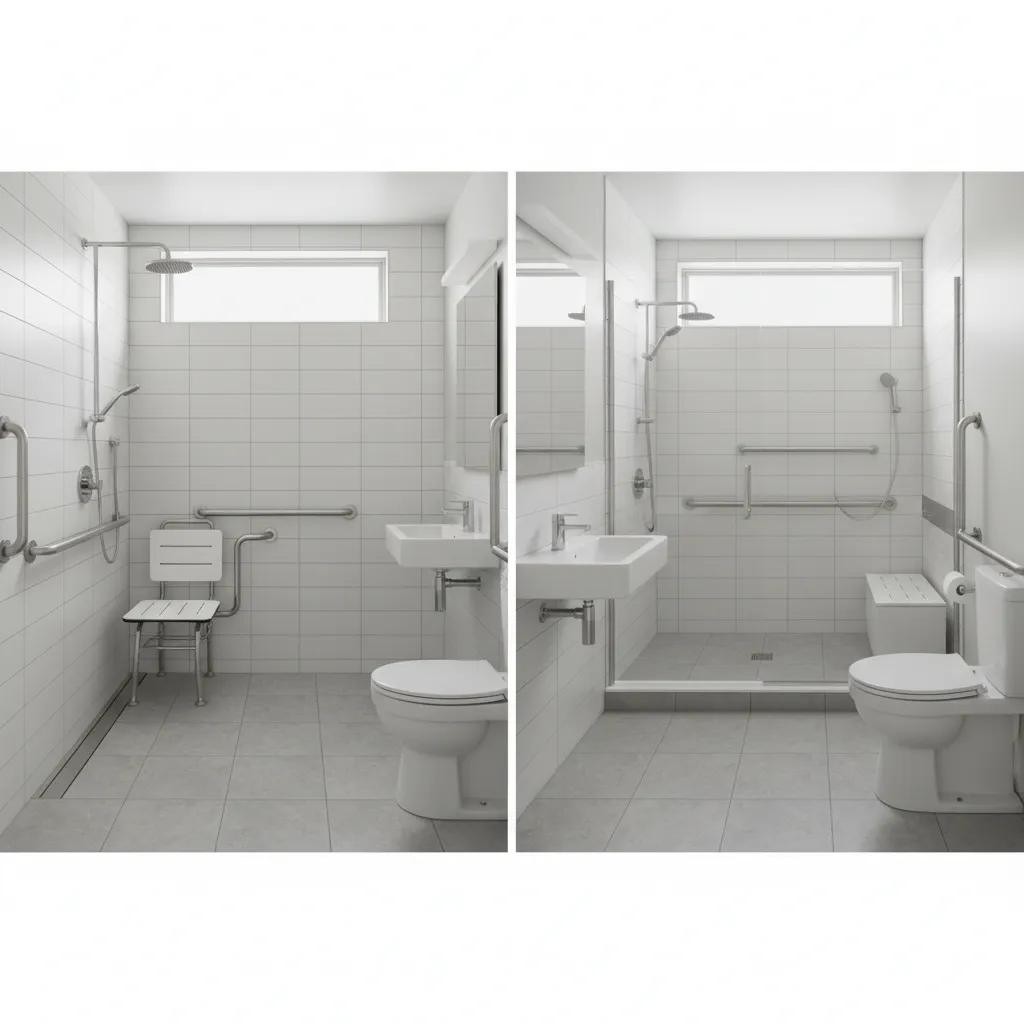 Accessible Bathroom Layouts Roll In Shower vs Transfer Shower Floor Plans
