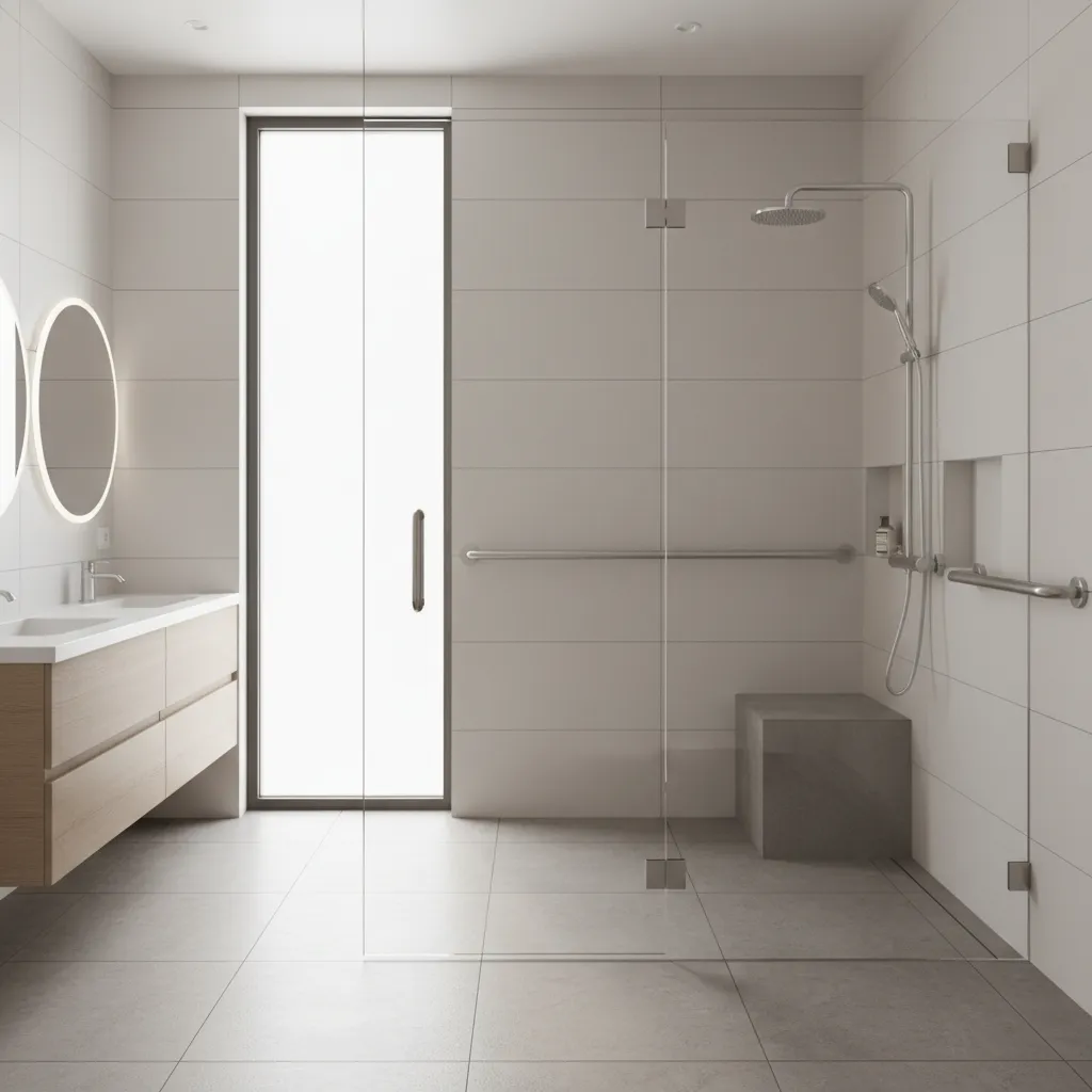 accessible bathroom with grab bars shower bench and slip resistant flooring