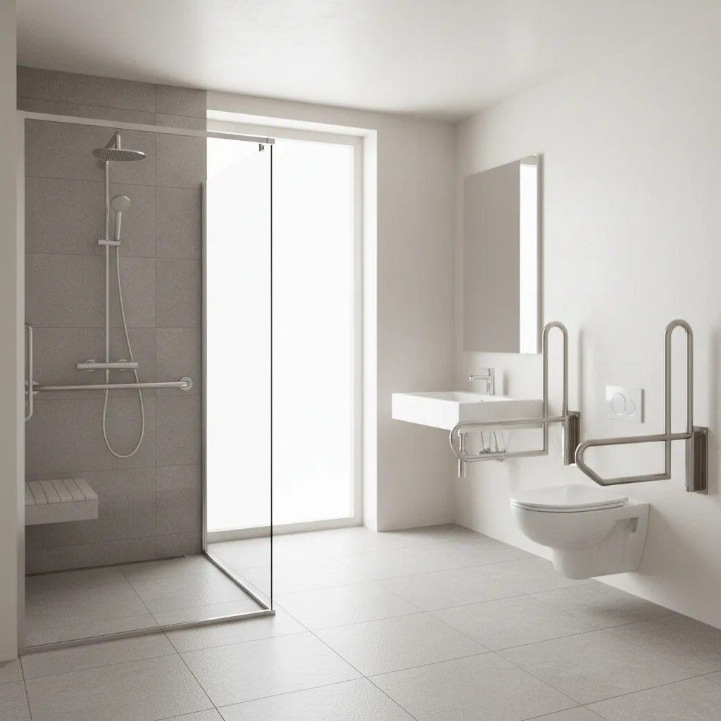 accessible bathroom with grab bars walk in shower and non slip flooring