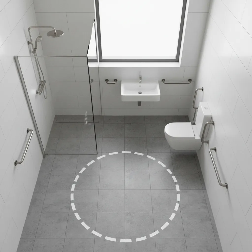 Wheelchair turning radius space shown in a modern accessible bathroom