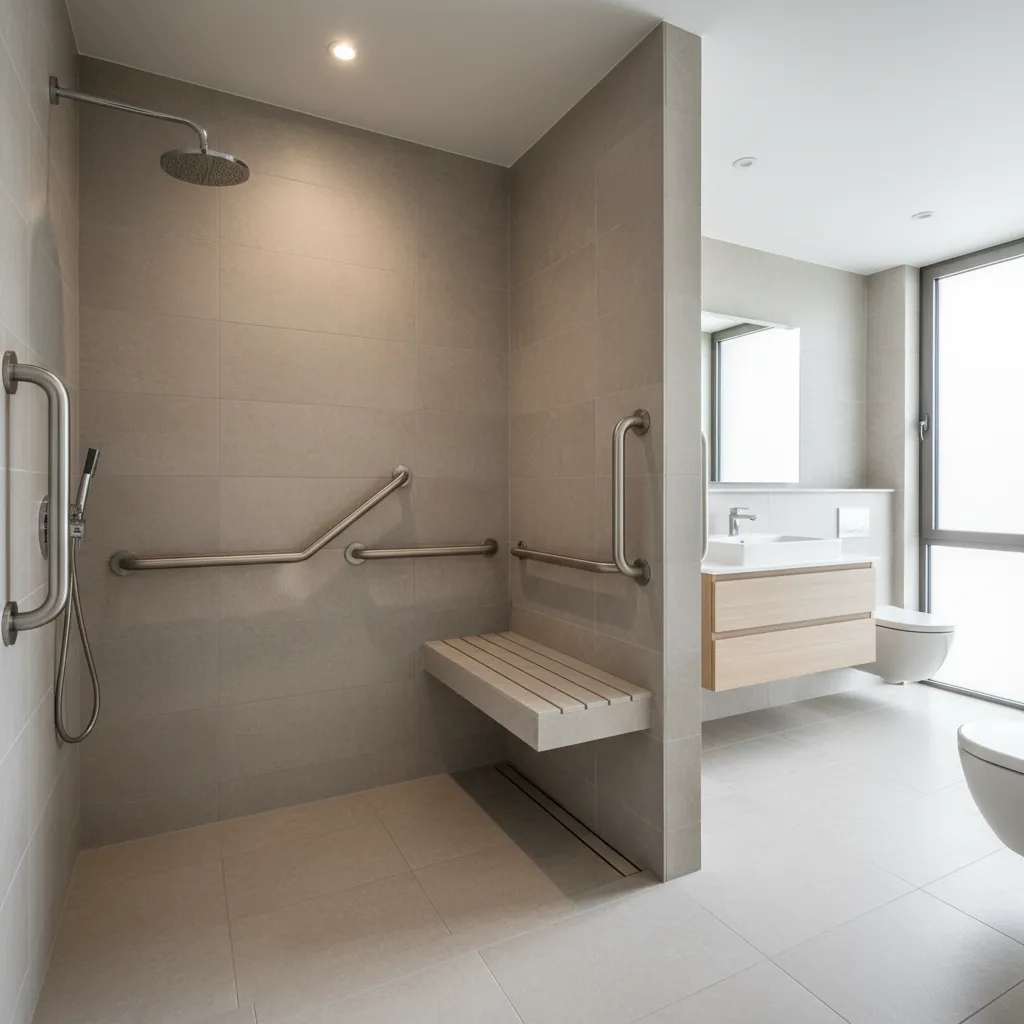 Accessible bathroom with walk in shower grab bars and wide layout