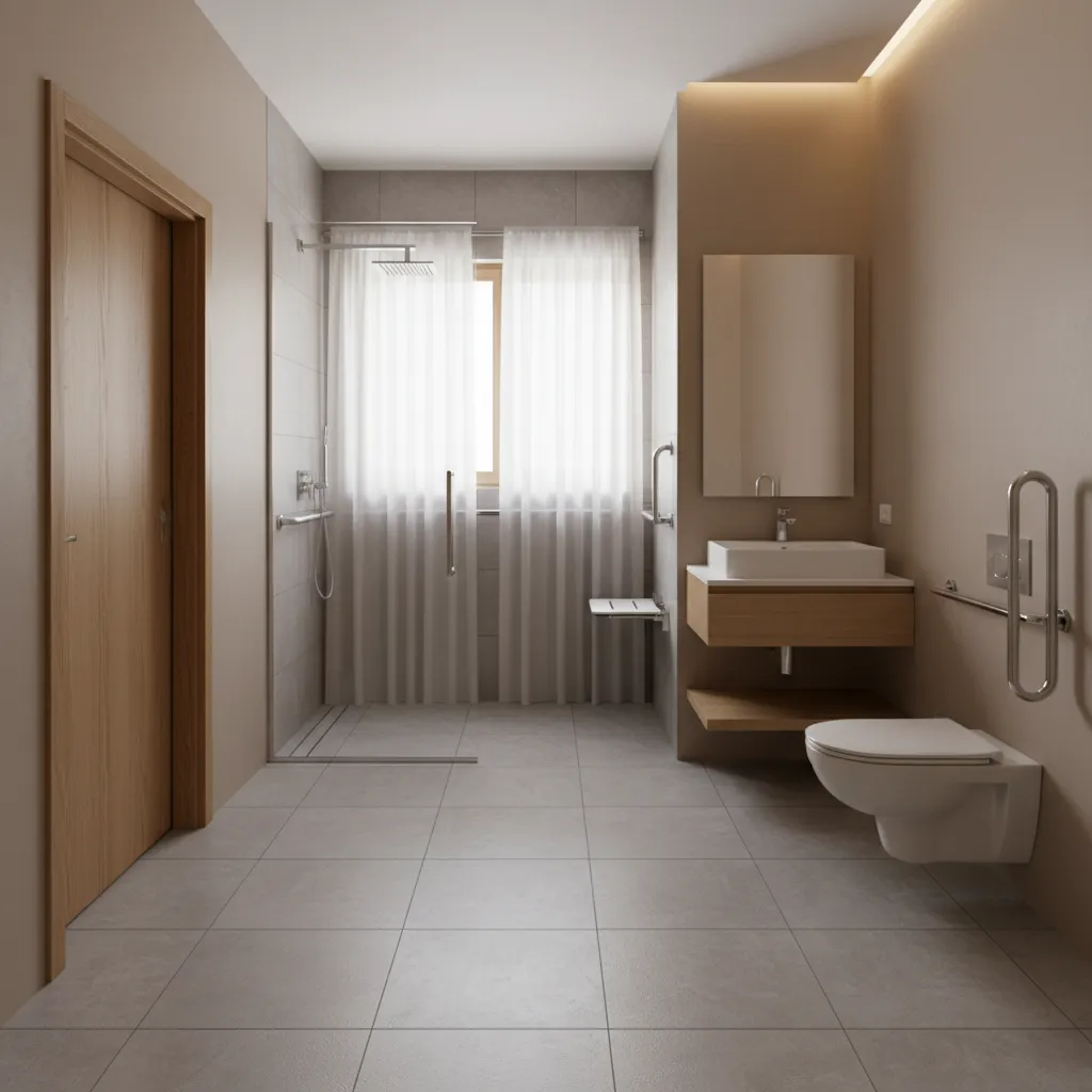 wheelchair accessible bathroom with walk in shower and safety grab bars