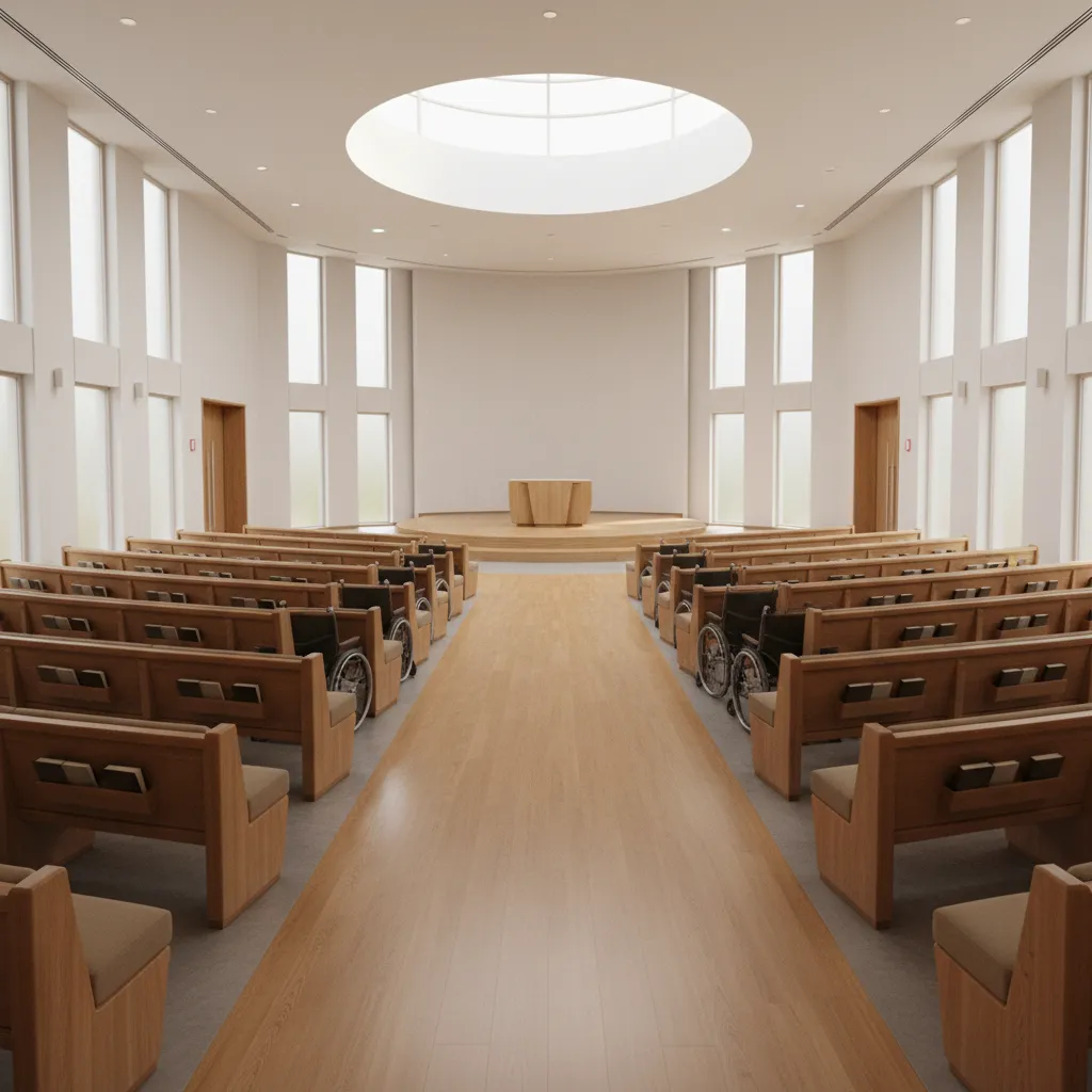 modern chapel seating including wheelchair spaces integrated among pew rows