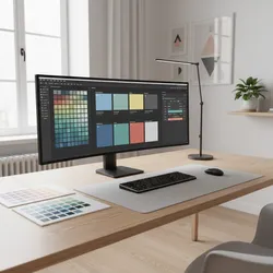 Modern wooden desk with wide computer screen showing color palette tools and printed color samples