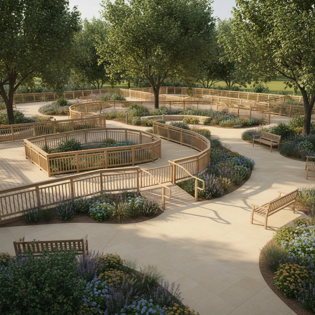Large accessible deck layout in a senior living community with ramps and seating areas