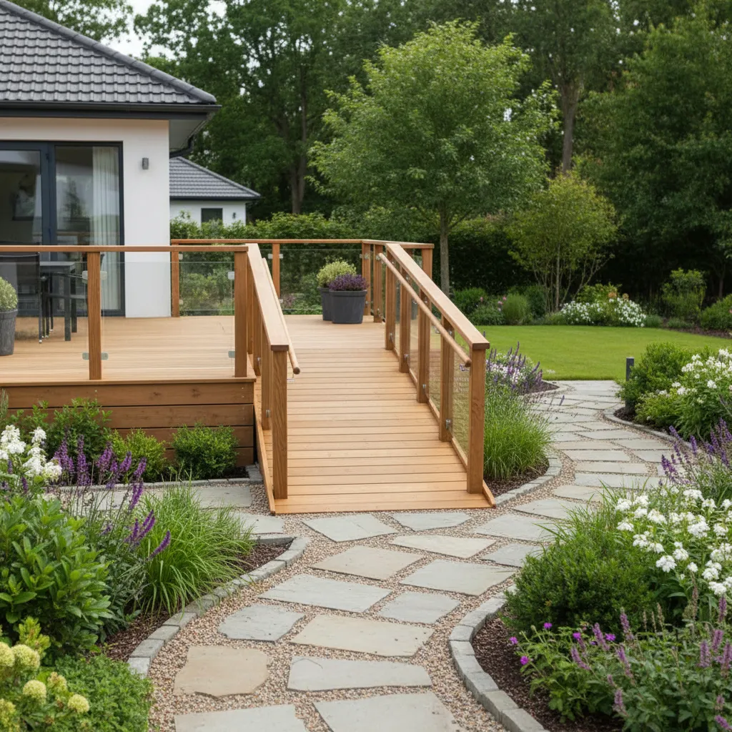 Accessible deck ramp designed for wheelchair access in a backyard