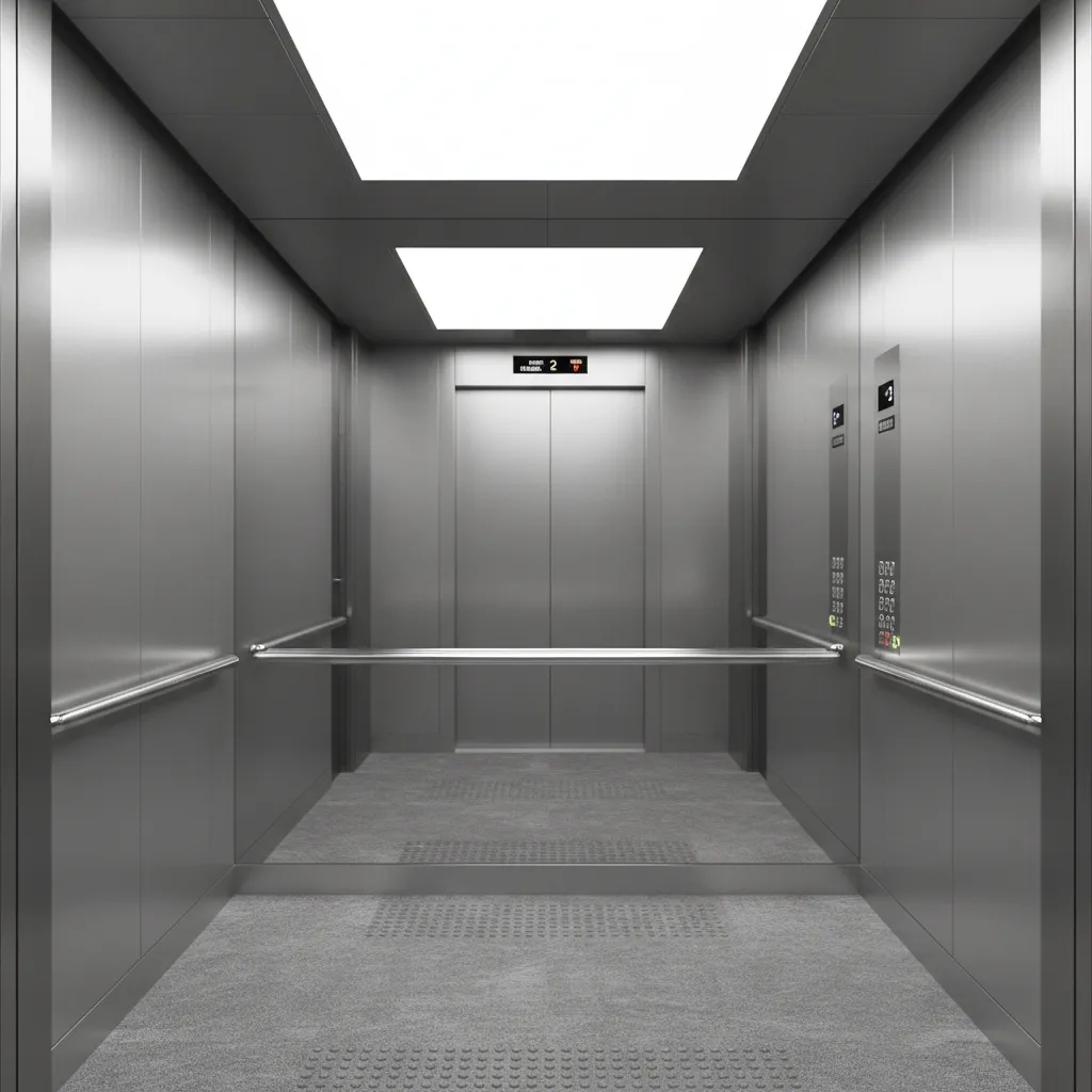 Accessible elevator cabin with mirror panel, handrails, and bright lighting